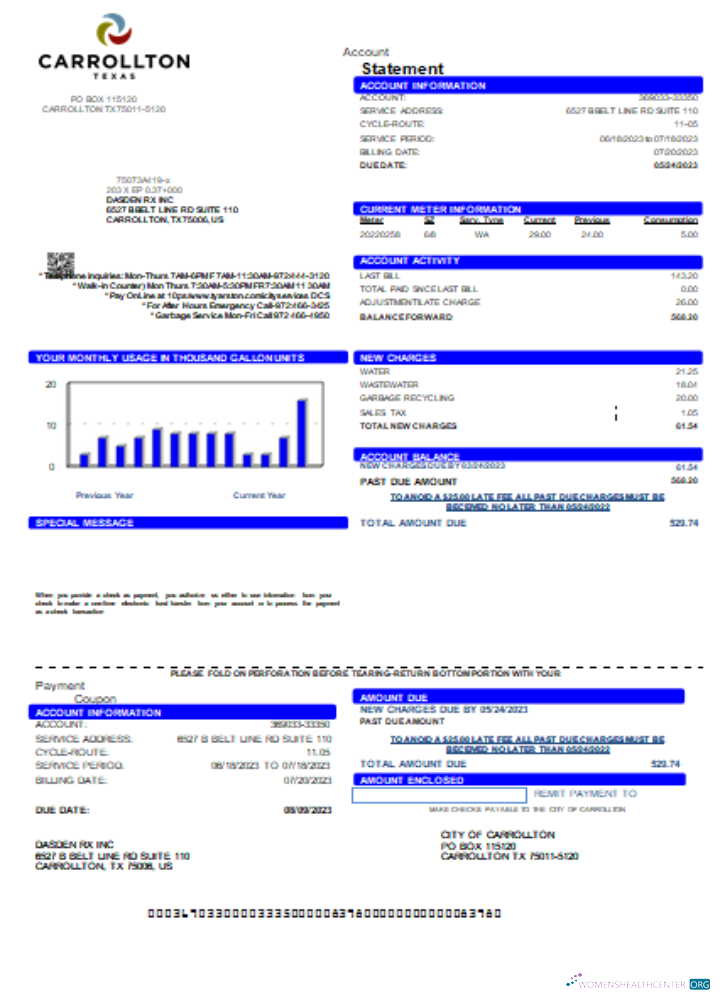 Download City of Carrollton utility business bill, SCR Photoshop template